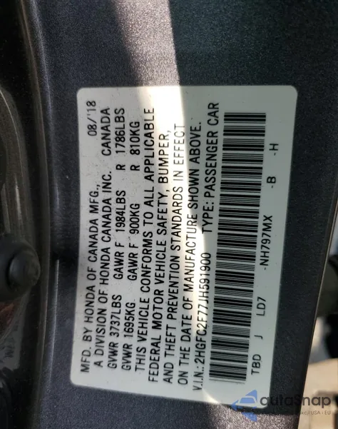 2018 Honda Civic Ex from USA, damaged, VIN 2HGFC2F77JH591900